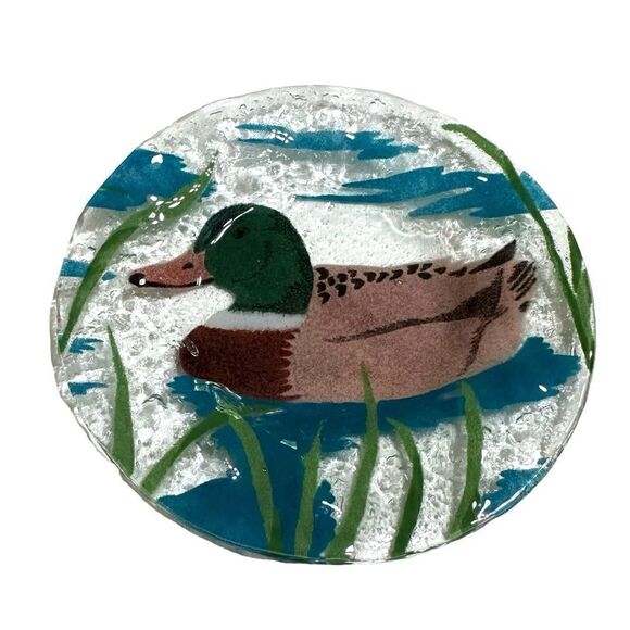 Ann C Ross Signed Fused Glass Art Plate Mallard Duck Design - 6.5” diameter - Picture 1 of 8